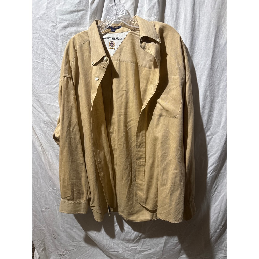 Tommy Hilfiger Mens Tan Herringbone Cotton Button Down Shirt 17 34-35 L XL
